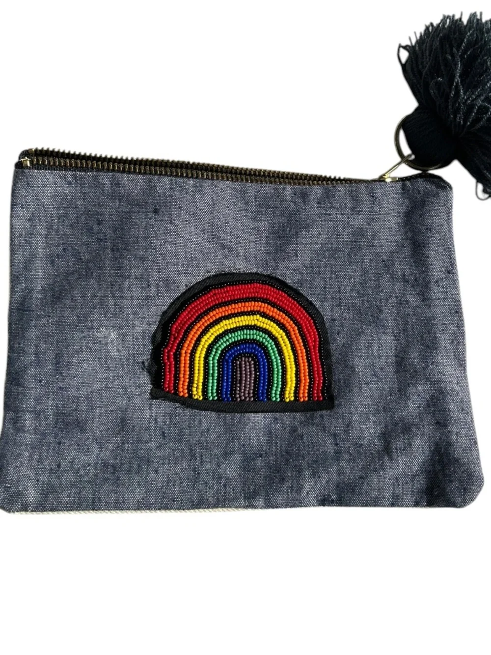 West Elm RAINBOW beaded fat tassel zipper pouch bag